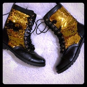 Gold Sequins Combat Boots